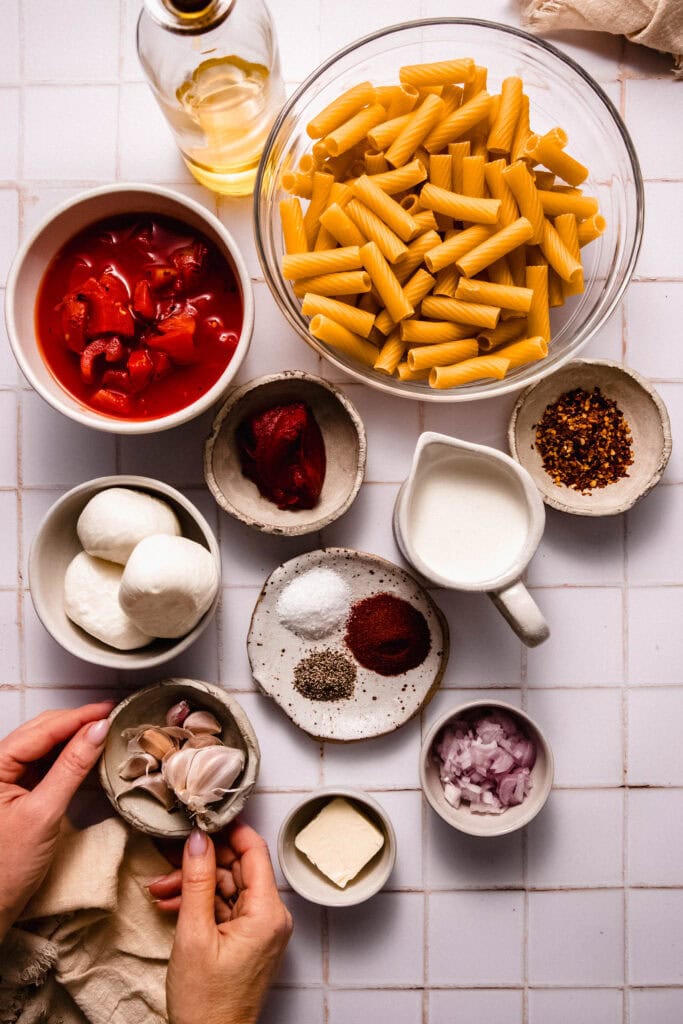 Ingredients for smoky tomato pasta on counter.