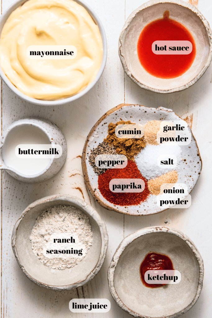 Ingredients for southwest ranch dressing labeled on counter. 